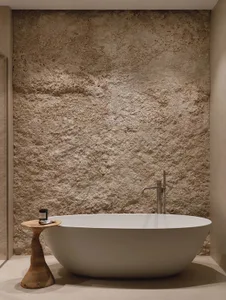 Modern minimalist bathroom featuring a white freestanding bathtub, a textured travertine stone wall, and a natural wood side table with a candle.
