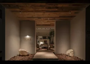 Modern entrance hallway featuring a reclaimed wood ceiling, textured beige walls, two large natural boulders on a bed of wood chips, and a view into a tropical-style living area beyond.