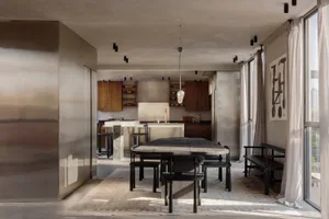 Modern minimalist dining room featuring a large dark wooden table with matching chairs, a marble kitchen island, concrete walls and ceiling, wooden cabinetry, and a large abstract painting.