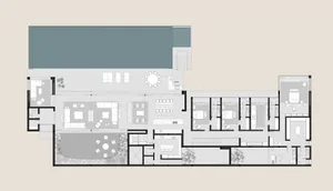 Black and white architectural floor plan of a large luxury villa featuring a central courtyard, open-plan living areas, dining room, eight bedrooms, multiple bathrooms, and landscaped garden spaces.