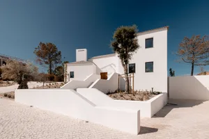 Modern white stucco Mediterranean villa with stepped white walls, terraced garden, olive trees, and bright blue sky in a sunny coastal setting.