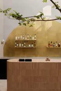 Modern home bar with a curved terracotta-tiled counter, integrated sink, floating shelves displaying liquor bottles against a large brass arched wall panel, with a tree branch overhead.