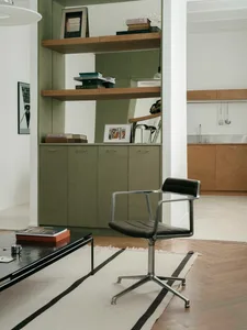 Modern living room featuring an olive green built-in cabinet with open wooden shelves, a black leather and chrome swivel armchair, and a black coffee table on a striped rug.