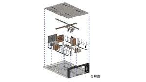 Exploded axonometric diagram of a retail boutique showing floor plan, ceiling layout, wooden fixtures, clothing racks, and display units in a layered 3D view.