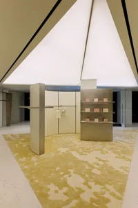 Modern minimalist boutique interior featuring a large abstract yellow rug, brushed metal display fixtures, curved walls, and a striking triangular skylight ceiling.