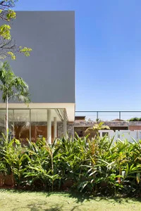 Exterior view of a modern concrete house featuring large glass walls, white columns, and a dense foreground of tropical plants under a clear blue sky.