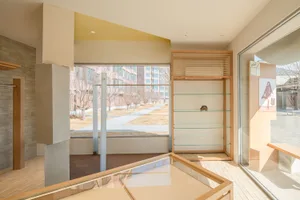 Modern minimalist retail interior featuring custom oak shelving, glass display cases, concrete pillars, and large windows with abundant natural light.