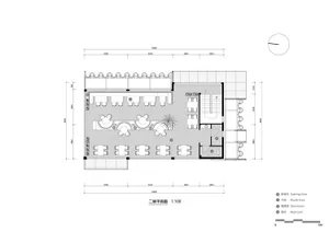 Black and white architectural floor plan of a second-floor restaurant showing seating areas, booth seating, storeroom, and restrooms at 1:100 scale.