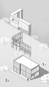 Black and white axonometric drawing showing the progressive layers of a modern two-story glass building, from finished form to structural steel frame and finally the completed architectural envelope, set in a landscaped environment with trees and human figures for scale.