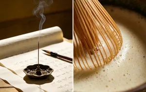 Split image showing a smoking incense stick in an ornate bronze holder on ancient Chinese calligraphy paper with a calligraphy brush on the left, and a close-up of a bamboo matcha whisk in frothy green tea on the right.