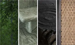 Five-panel collage featuring green bamboo leaves, a weathered stone bench, concentric ripples in dark water, and a close-up of intricate woven bamboo or rattan pattern.