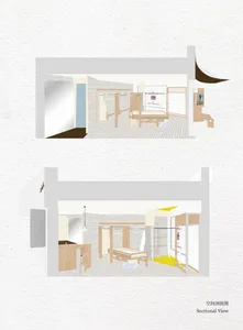 Sectional view of a minimalist clothing boutique interior featuring plywood fixtures, exposed brick walls, and natural wood flooring.