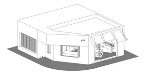 Isometric architectural drawing of a minimalist concrete retail store with large glass windows, louvered side facade, and prominent angled awnings.