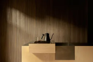 Modern minimalist kitchen corner featuring warm walnut wood cabinetry, dark walnut wall paneling, a black matte gooseneck kettle, and a glass coffee server on a black stone countertop.