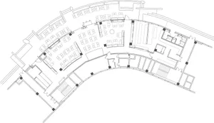 Black and white architectural floor plan of a curved restaurant featuring numerous tables, booths, private rooms, and service areas.