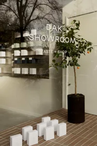 Modern minimalist showroom entrance featuring brown terracotta floor tiles, white product boxes arranged in the foreground, a tall potted citrus tree in a dark cylindrical planter, and a large glass wall reflecting trees outside.