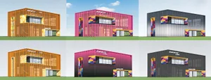 六張建築效果圖，展示橙色、粉紅色與黑色版本的 Giant 與 Napan 品牌貨櫃快閃商店，擁有彩色立面細節。