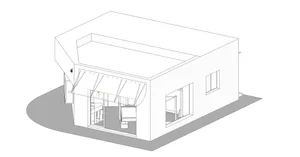 3D architectural rendering of a minimalist white commercial building with large glass windows, a curved awning, and an open interior view showing furniture.