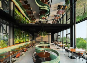 Modern biophilic restaurant interior with large living walls, spiral green velvet curved booths, wooden tables, and floor-to-ceiling windows overlooking greenery.