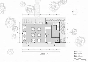 Black and white architectural floor plan of a modern restaurant showing seating areas, bar counter, kitchen, and shower room with surrounding landscape and dimension lines.