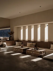 Modern minimalist living room featuring a built-in walnut wood banquette with white cushions and patterned pillows, dramatic vertical light slots in the wall, and polished concrete floor.