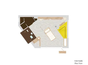 Architectural floor plan of a compact studio apartment featuring a brick wall, yellow rug area, dark wood platform, and bed placement.