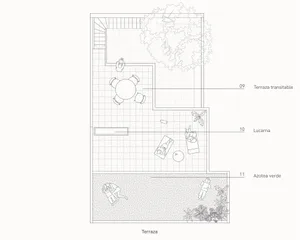 Black and white architectural floor plan of a modern terrace featuring a round dining table with four chairs, two sun loungers, a small tree, and landscaped garden area.