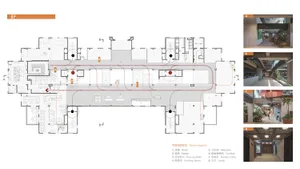 Architectural floor plan of the 5th floor of a commercial building with room legend, circulation paths, and four accompanying interior photographs labeled A to D.