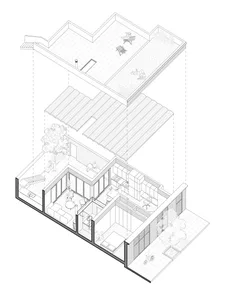 Black and white architectural cutaway section drawing of a contemporary two-story house showing interior rooms, rooftop terrace, and surrounding garden areas with human figures for scale.