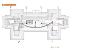 Technical floor plan drawing of a luxury residential roof garden featuring a curved walkway, water elements, planting areas, and surrounding architectural structures.