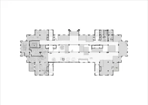 Black and white architectural floor plan of a large luxury villa complex with multiple wings, courtyards, and detailed room layouts.