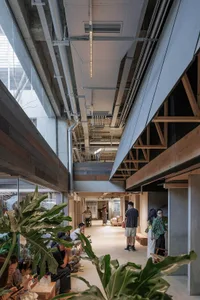 View looking up through a double-height industrial-style public atrium with exposed concrete walls, wooden beams, visible ductwork, linear pendant lighting, and people gathering on multiple levels with large green plants in the foreground.