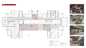 Architectural floor plan of the 5th floor commercial lobby with room legend and four corresponding interior photographs of the atrium and lobby areas.