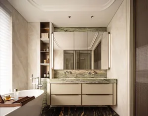 Luxury bathroom interior with green marble vanity, large mirror with vertical lighting, beige textured cabinetry, and white freestanding bathtub in a serene neutral space.