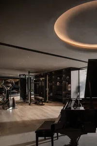 Modern luxury home gym featuring a black Steinway & Sons grand piano, dark built-in shelving, professional gym equipment, light wood flooring, and a large circular cove ceiling light.