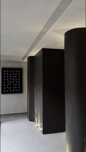 Modern minimalist hallway featuring tall dark wood cabinetry, cylindrical column, light gray microcement floor, and black abstract bird artwork on the wall.