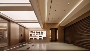 現代奢華住宅玄關，設有拉絲古銅牆面、大型燈光展示壁龕陳列名牌包與收藏品、深色木質橫條特色牆，以及戲劇性的天花板間接照明。