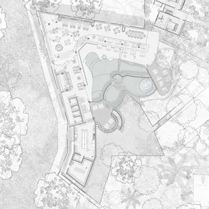 Black and white architectural site plan of a tropical luxury resort featuring multiple swimming pools, guest villas, restaurants, and extensive landscaping.