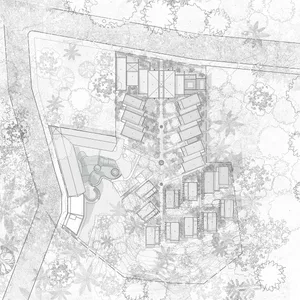 Black and white architectural site plan of a tropical resort featuring multiple villas, a central lagoon, swimming pools, and lush surrounding vegetation.