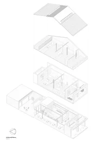 Monochrome architectural sectional drawing showing a four-storey modern house with living areas, dining spaces, and roof terrace in axonometric projection.