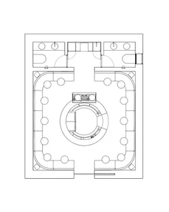 Black and white architectural floor plan of a circular theater featuring a central round stage surrounded by tiered curved seating rows and four corner entrance areas.