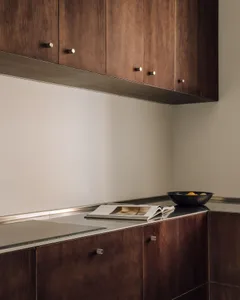 Modern minimalist kitchen corner featuring dark walnut upper and lower cabinets with metallic handles, stainless steel countertop, and a black bowl with lemons placed on the counter.