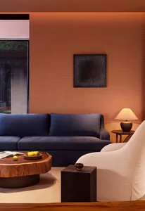Modern living room featuring a deep navy blue velvet sofa, a large live-edge walnut coffee table, a white curved lounge chair, and warm terracotta accent wall with artwork.
