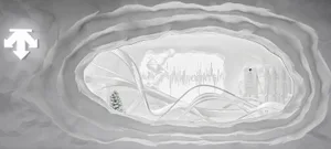 White monochromatic retail cave installation for Descente ski brand, featuring sculpted organic plaster walls, flowing light ribbons, a skier graphic, and a small Christmas tree.