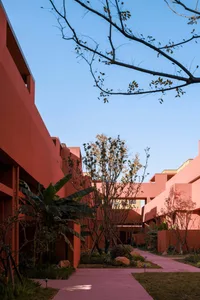 Low-angle view of a modern architectural courtyard with salmon-pink terracotta walls, winding pink concrete pathways, tropical plants, and clear blue sky.