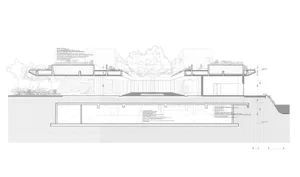 Black and white architectural section drawing of a modern terraced residence built into a hillside, showing split-level floors, concrete structure, and landscape integration.