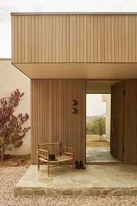Modern house entrance featuring warm vertical timber cladding, a woven rattan armchair with a green hat, flagstone patio, and an open door revealing a rural landscape.