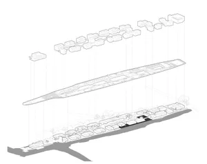 Architectural master plan drawing displaying a long linear building complex along a river, with massing studies, sectional perspective, and contextual site plan in black and white line drawing.