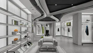 Modern futuristic sneaker store interior with curved concrete ceiling, floating shelves displaying sneakers, central seating area, and a person taking a photo in the background.
