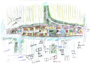 Hand-drawn architectural site plan sketch for a resort complex surrounded by forest, featuring multiple buildings, courtyards, pools, and circulation paths with handwritten notes.